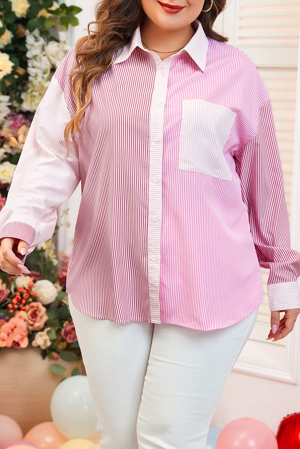 Rosa streifendruck colorblock plus size shirt