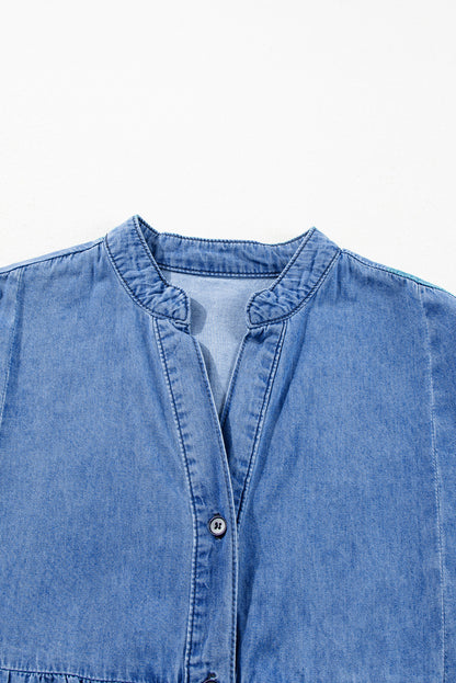 Himmel Blue Chambray-jurk met verzamelde 3/4 mouwen en spleet V-neckline