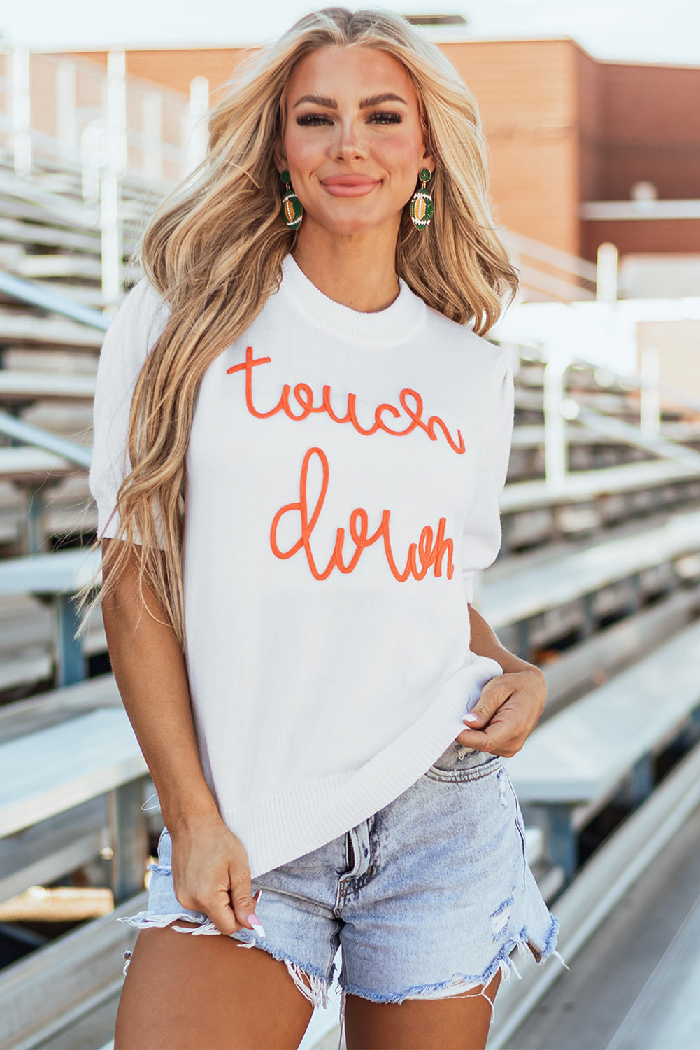 Weißer touchdown tinsel puff short sleeve rundhalsausschnitt pullover