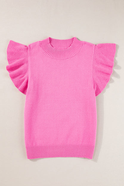 Bonbon geribbel mock neck sweater met korte mouwen en ruches