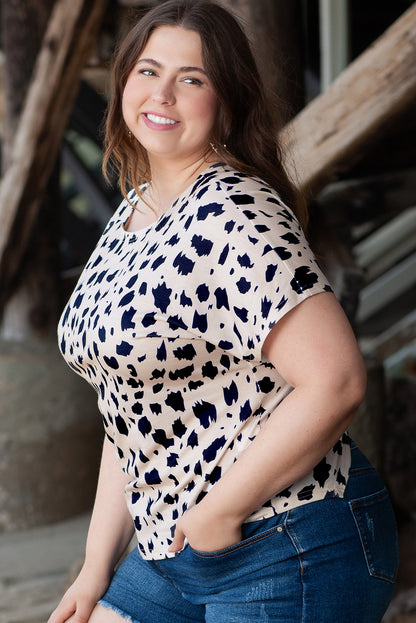 Khaki leopard print twist open back plus size top