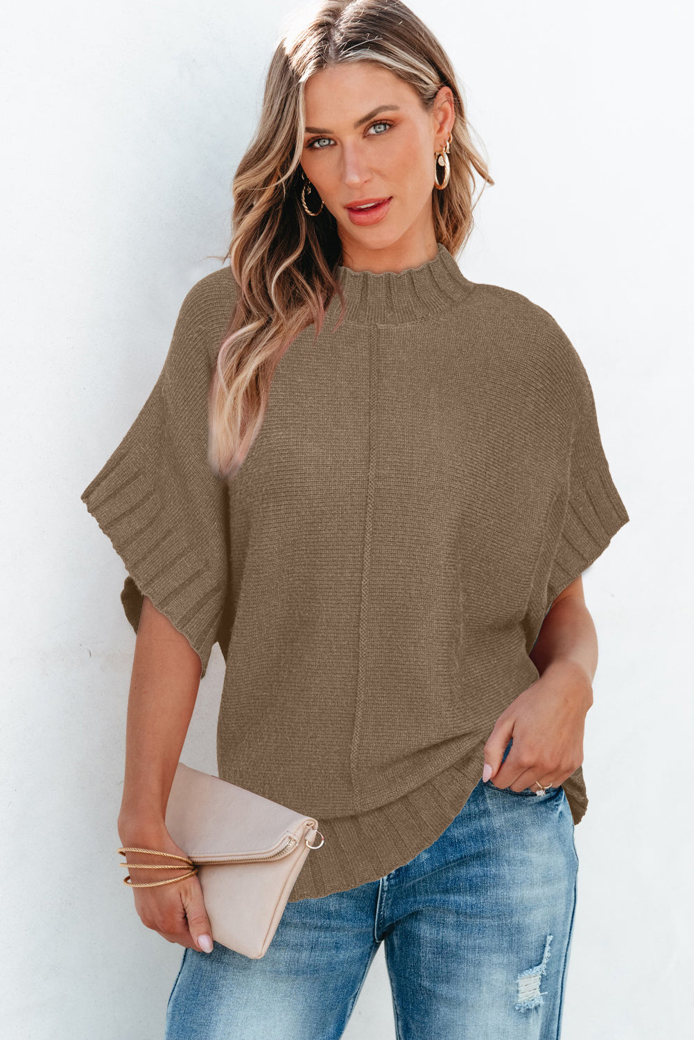 Desert palm mock neck batwing kurzarm-strickpullover