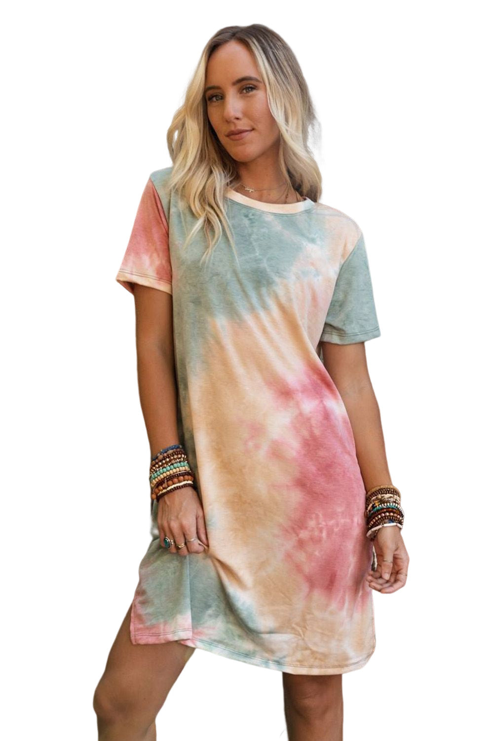 Multicolor tie dye tee-kleid mit übergroßem schlitz