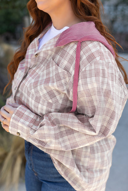 Bonbon plaid druck kordelzug mit kapuze button-up plus größe shirt