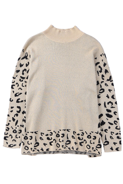 Khaki leopard pullover mit hohem halsausschnitt und seitenschlitz in übergröße