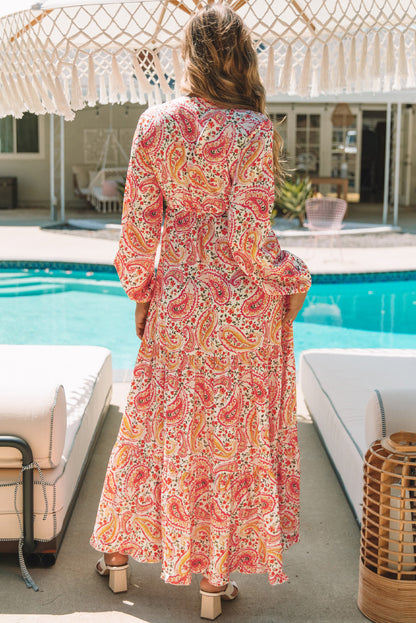 Orange boho holiday paisley print gestreiftes langärmeliges maxikleid