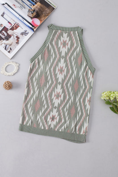 Laurel Green Western Tribal Aztec Pattern Sweater Tank Knit