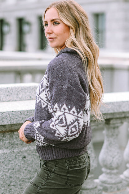 Gray Western Sweater met een geometrische opdruk en kwart -zipper