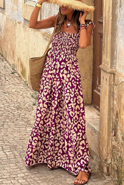 Rose Leopard Rüschen riemen klinken lange jurk met een hoge taille