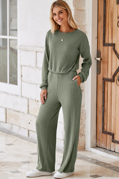 LAUREL GREEN FULL RIB -trim sleutelgat terug hoge taille jumpsuit