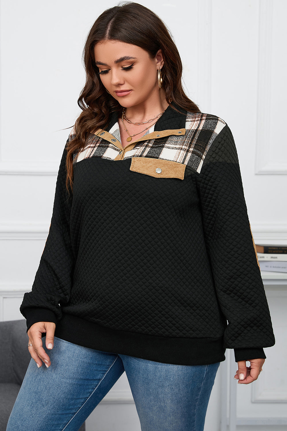 Schwarz plus größe gesteppt plaid patch henley pullover