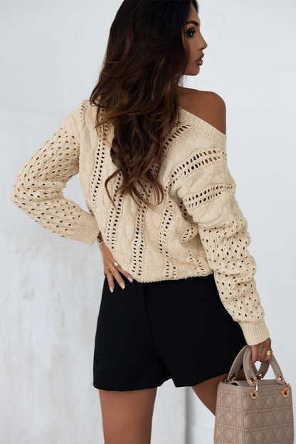 Khaki Eyelet Cable Knit Sweater met schouders