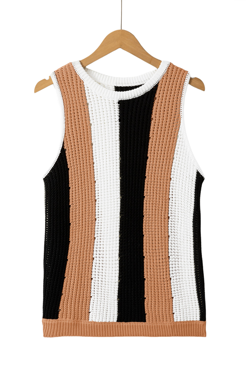 Khaki stripe color block ärmelloser strickpullover vest