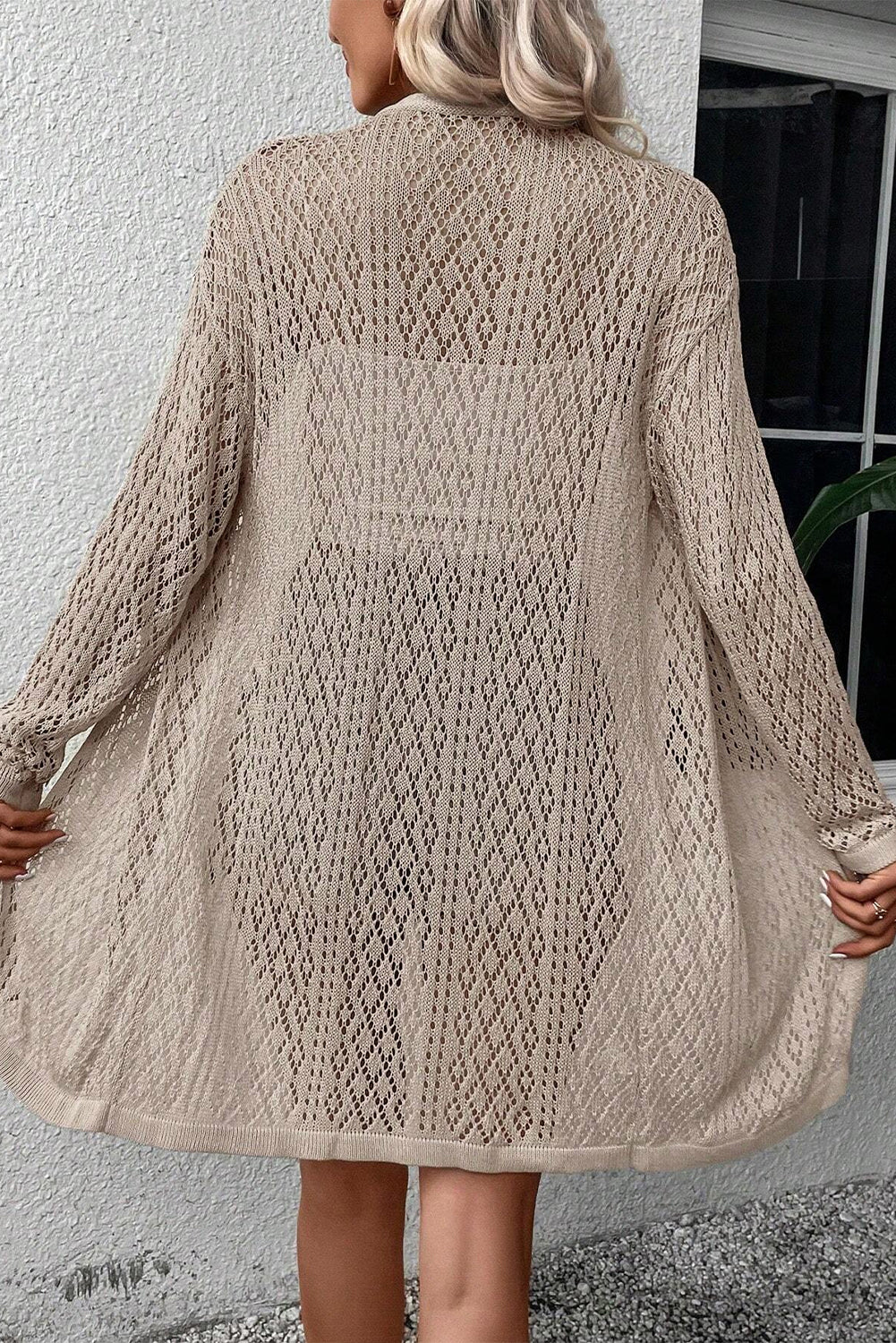 Rauchgrauer pointelle-strickcardigan mit offener vorderseite