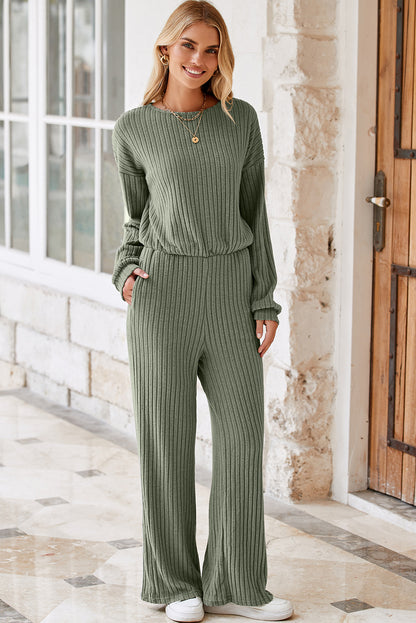 LAUREL GREEN FULL RIB -trim sleutelgat terug hoge taille jumpsuit