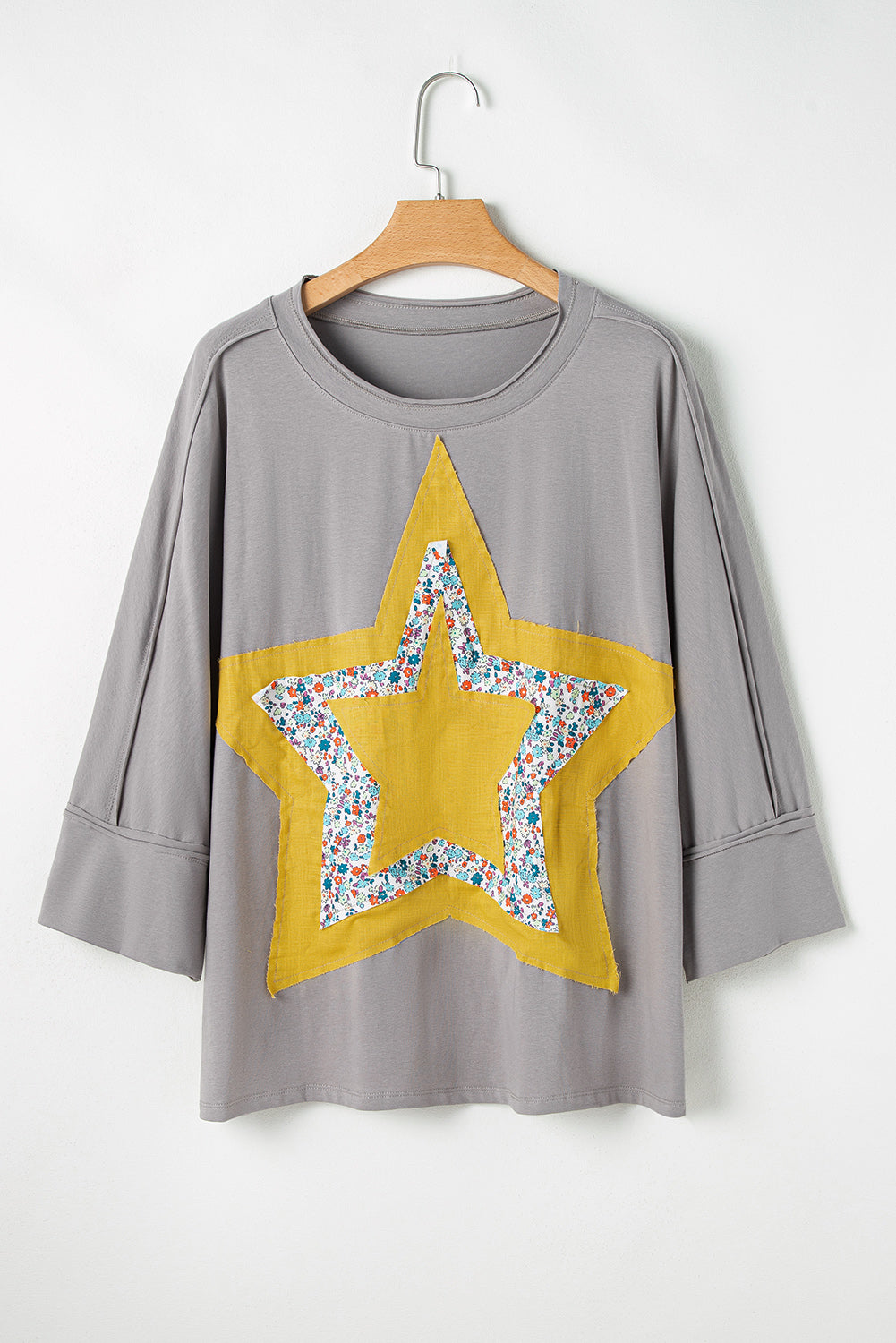 Medium grey floral star patched pattern 3/4 ärmel plus größe top