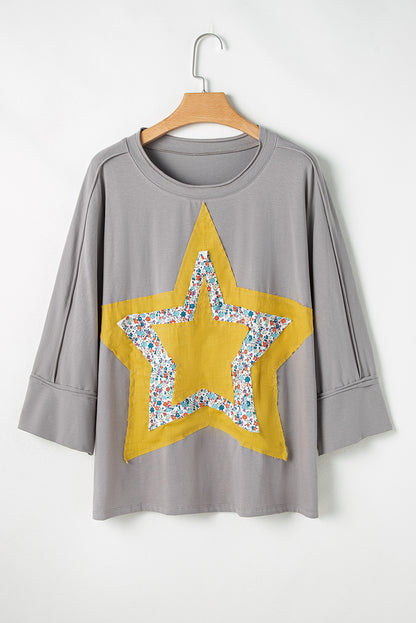 Medium grey floral star patched pattern 3/4 ärmel plus größe top