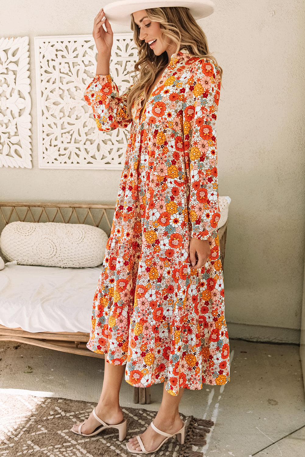 Multicolor Boho Floral Collared Long -Sleeveved, Roted Dress