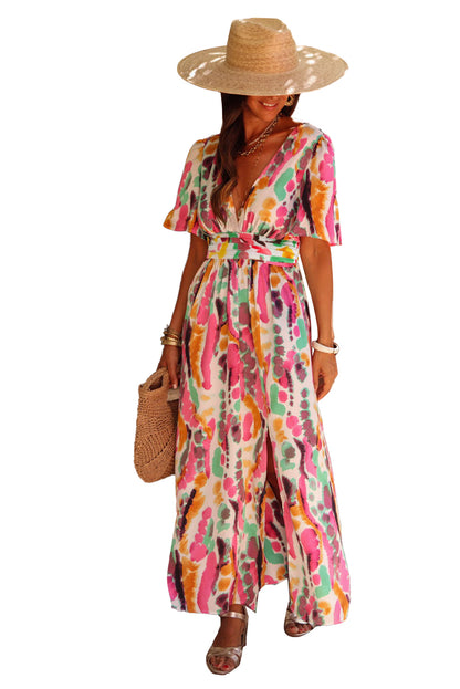 Rosa Boho Tie Maxic-jurk met een V-neckline