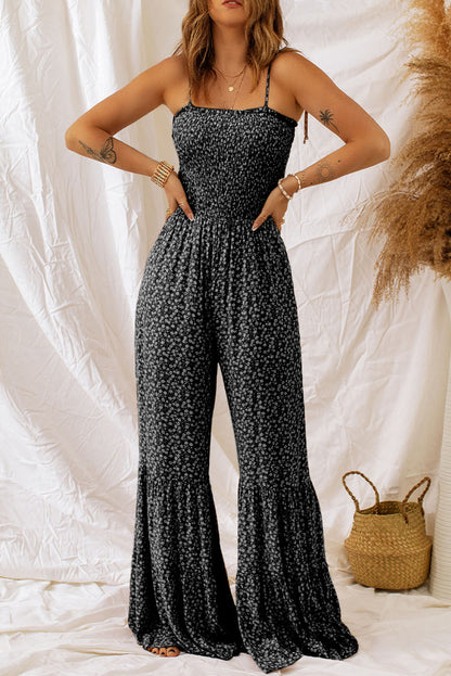 Zwarte smalle riem van gevangen lijfje breed poot bloemen jumpsuit