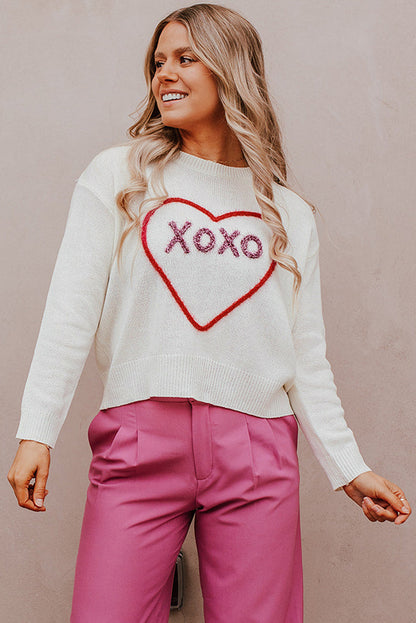 Weißes herz xoxo muster drop shoulder rippe stricken pullover