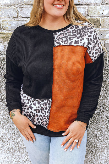 Schwarz orange colorblock leopard patchwork waffel stricken plus größe top