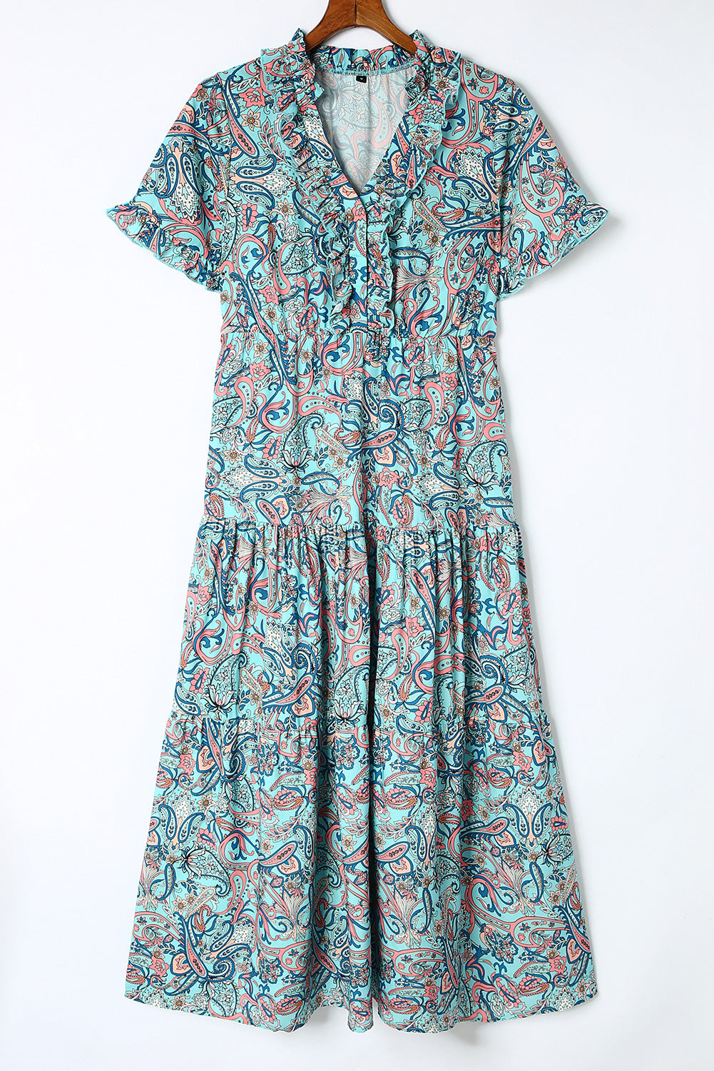 Himmelblaues paisley print boho holiday ruffle tiered maxi dress