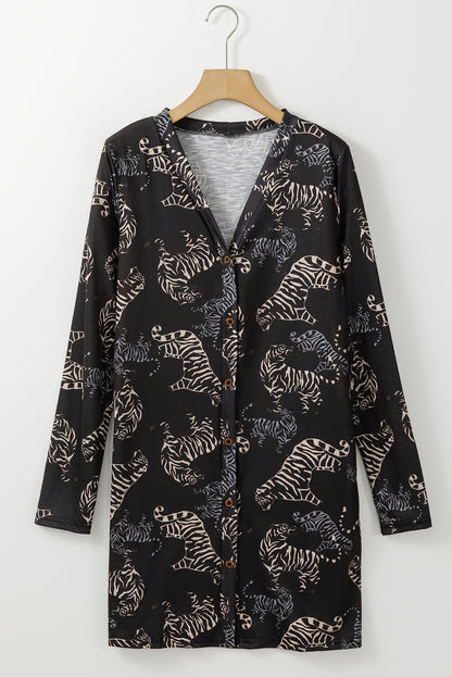 Black Wild Tiger Print Button Placket Cardigan