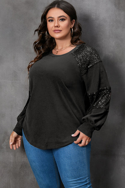 Schwarzes plus size pailletten patchwork rundhalsausschnitt langarm top