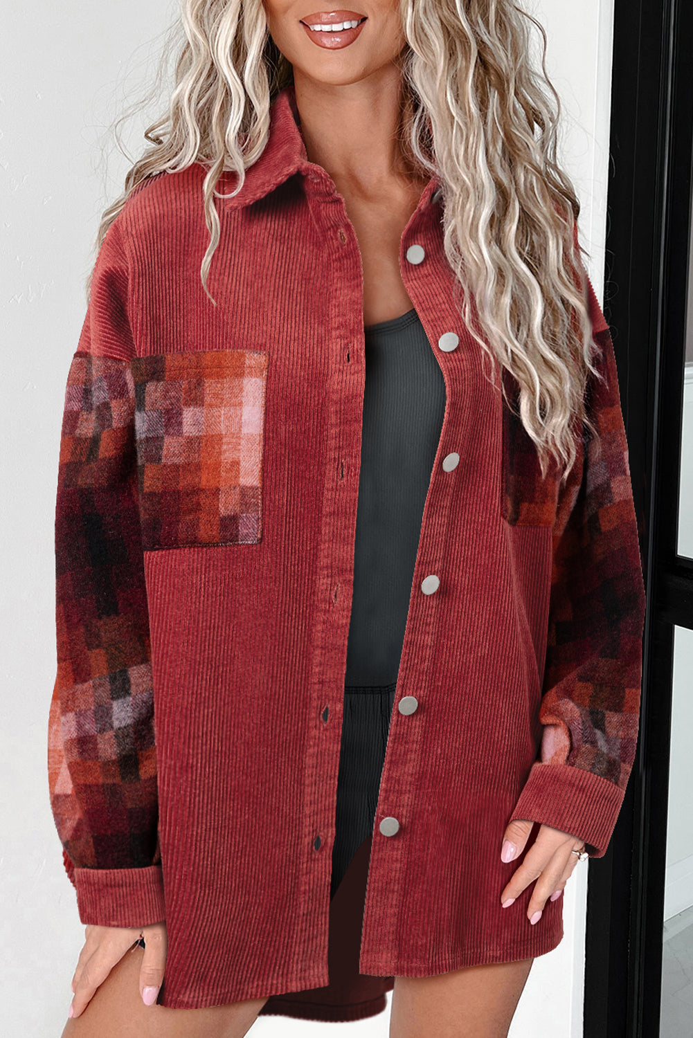 Gold flame checker patchwork raw edge oversized cord jacke