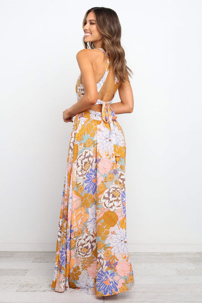 Oranje boho bloebroof puntige mouwloze maxi -jurk