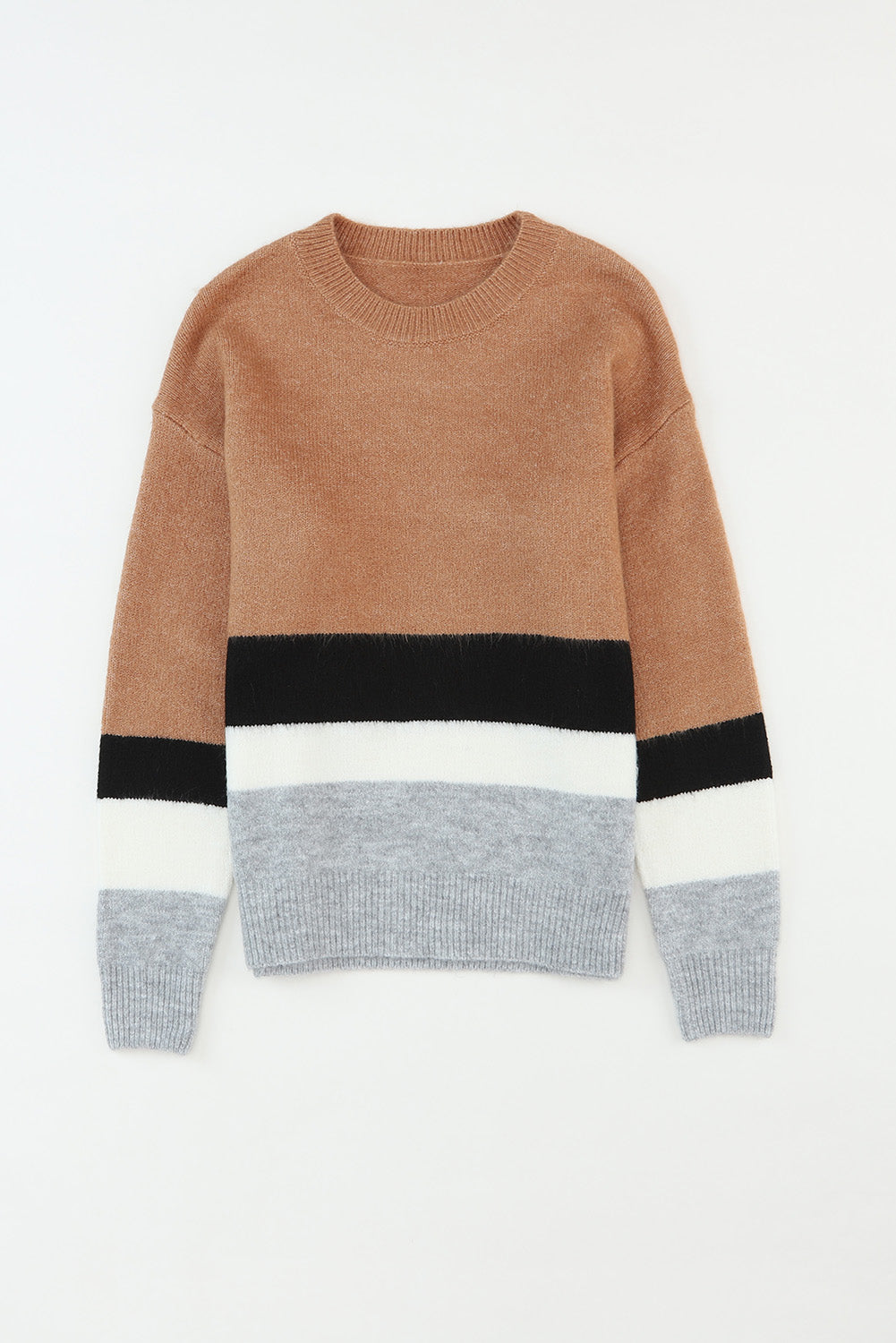 Brauner gestreifter pullover mit rippenstrick und farbblock