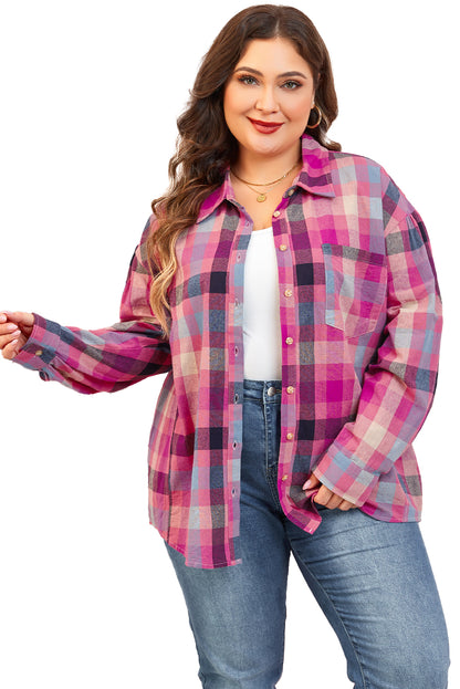 Rose stripe plus size checkered print button up shirt