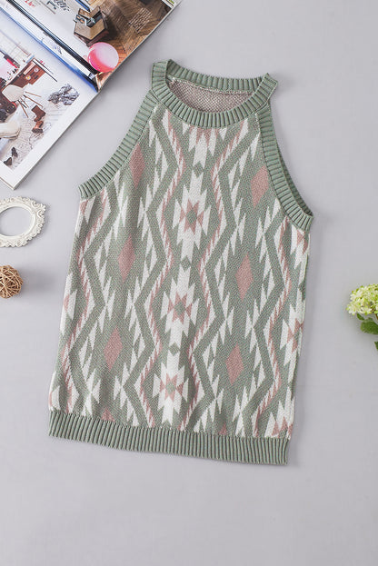 Laurel Green Western Tribal Aztec Pattern Sweater Tank Knit