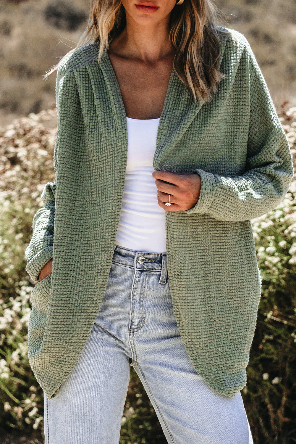 Laurel Grüner Waffelstrick Cardigan met een open voorkant