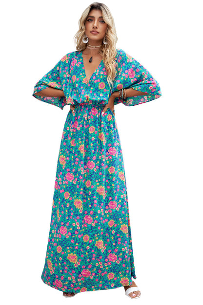 Green Boho Maxikleid met een diep V-hals en bloempatroon