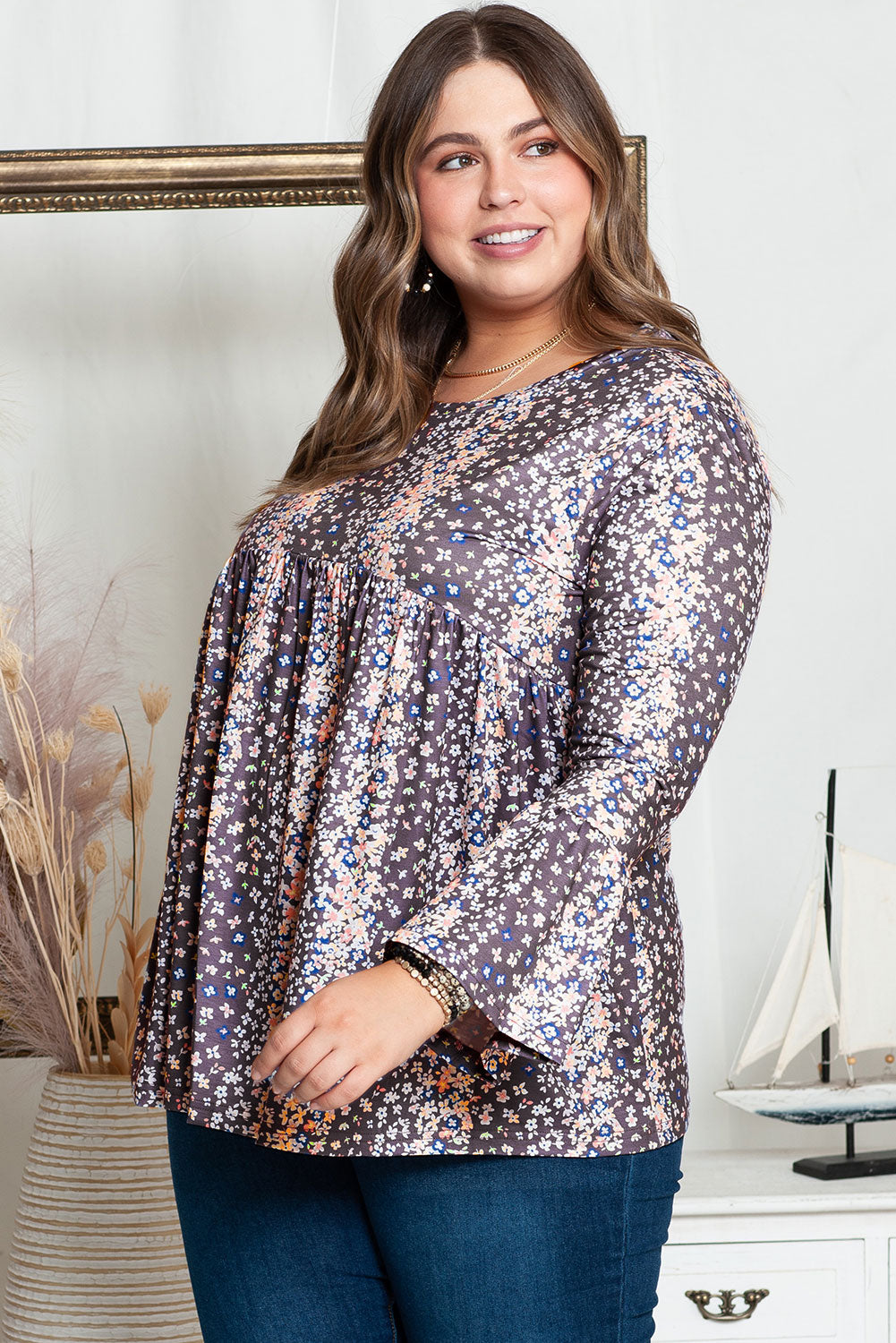 Lila blumendruck rundhalsausschnitt plus size babydoll bluse