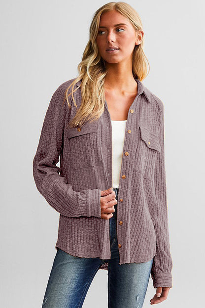 Paarse knop Placket met een deken Pocket Rib Cardigan