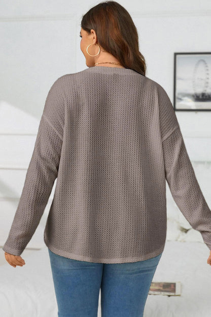 Simply taupe waffle knit drop shoulder knopf v-ausschnitt plus größe top