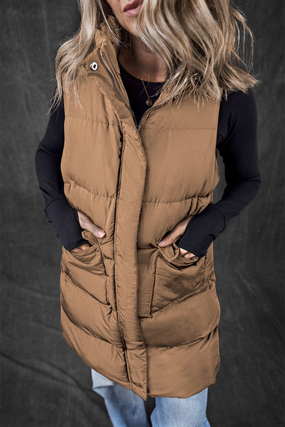 Coffee windproof longline full zipper puffer vest mit taschen