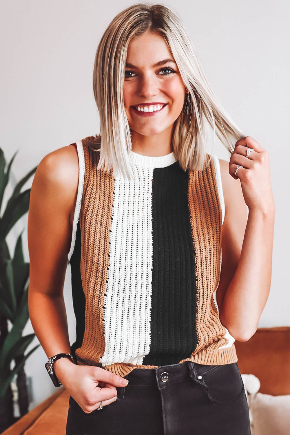 Khaki stripe color block ärmelloser strickpullover vest