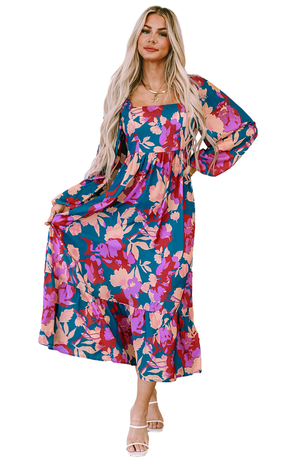 Multicolour floral print quadratischer ausschnitt gerafftes kleid mit hoher taille