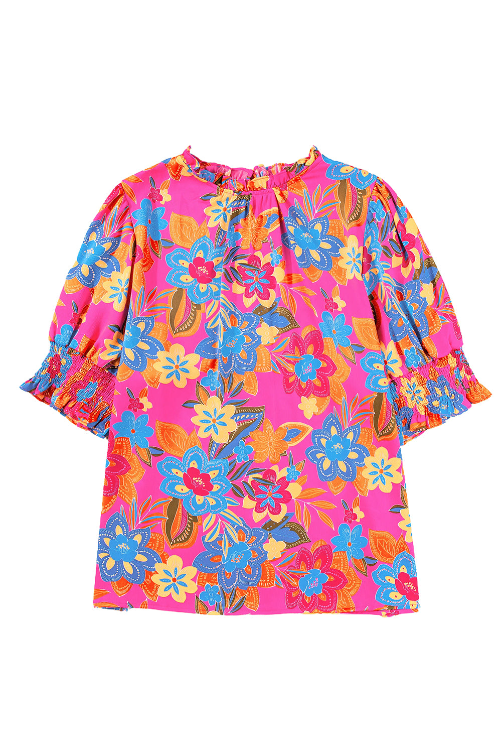 Rose plus floral print gekräuselter ausschnitt bluse mit puffärmeln