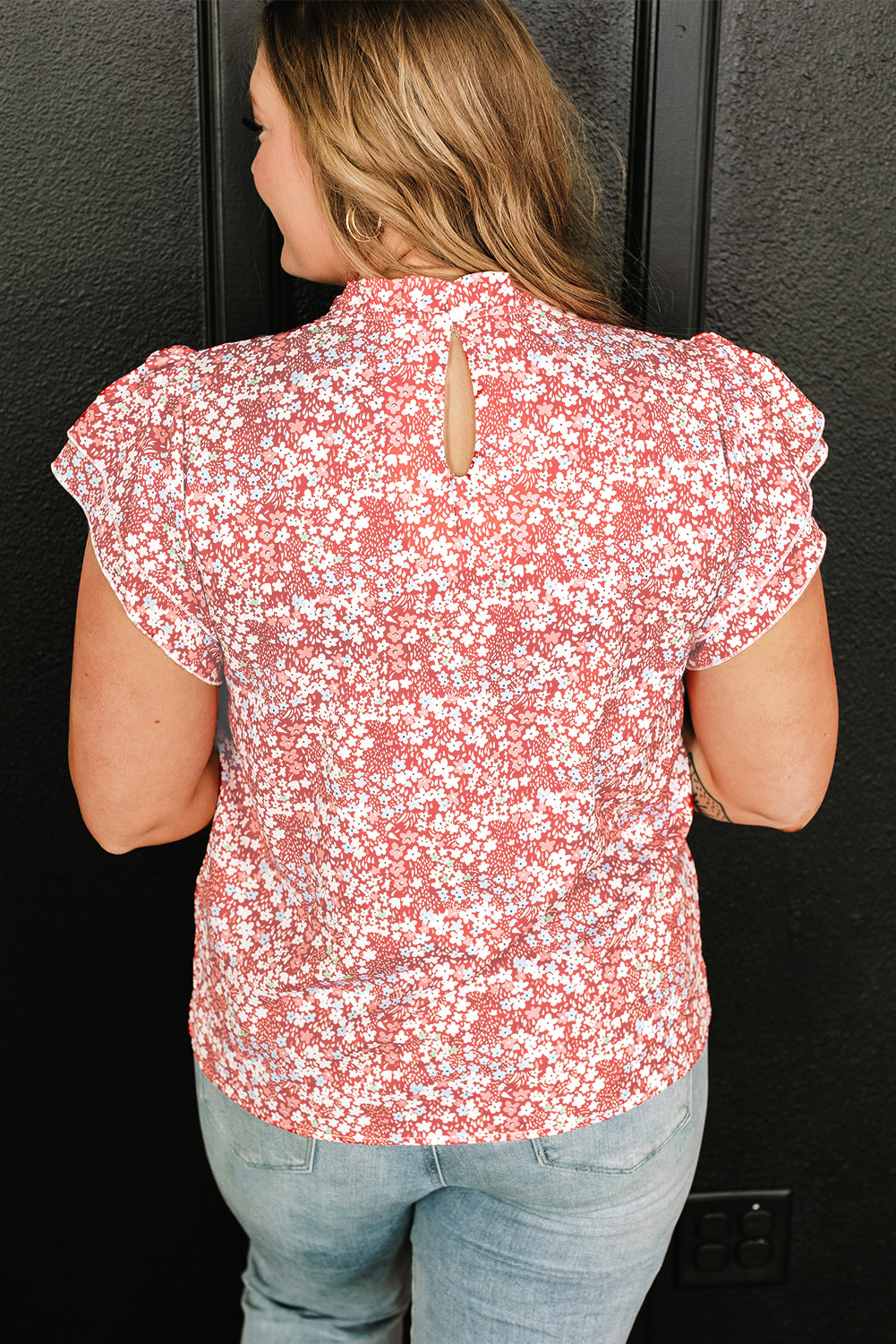 Rosa plus größe floral print gerafften ärmeln gekräuselten hals bluse