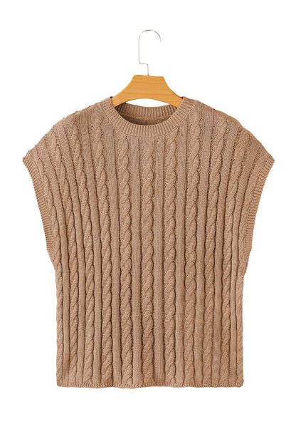 Light french beige rundhalsausschnitt kabelstrickpullover mit kurzen ärmeln