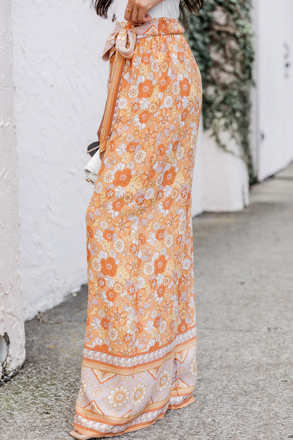 Grapefruit orange krawatte taille boho floral wide leg hose