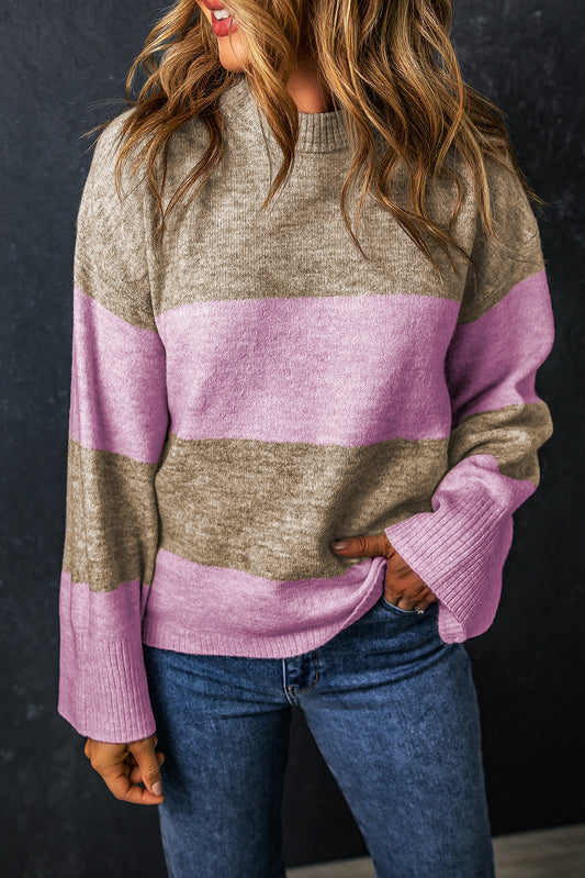 Rosa streifen rundhalsausschnitt mit weiten ärmeln colorblock pullover