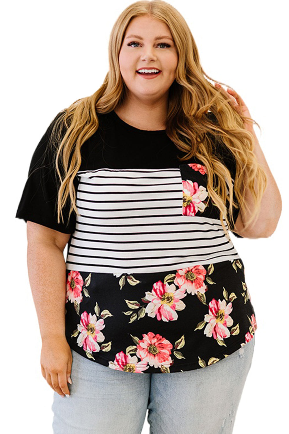 Schwarzes plus size splicing block stripe floral kurzarm top