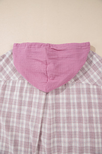 Bonbon plaid druck kordelzug mit kapuze button-up plus größe shirt