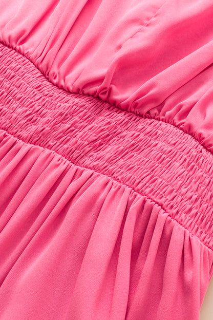 Strawberry Pink verzamelde mouwen V-hals Smock taille verzamelde jurk